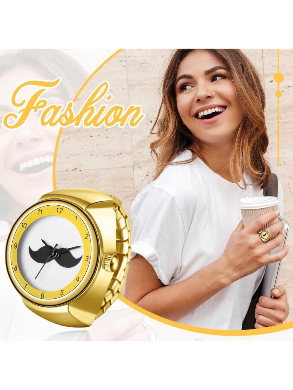 Unisex All Gold Analog Quartz Stainless Steel Arabic Numerals Casual Ring Watch - Picture 6 of 7
